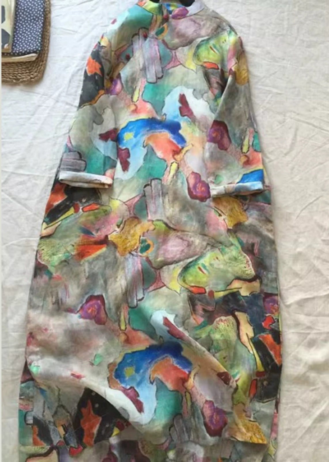 Loose Colorblock Stand Collar Button Print Cotton Dress Half Sleeve GH1027 Ada Fashion