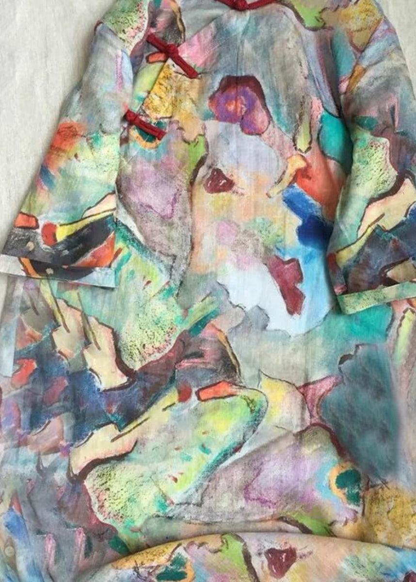 Loose Colorblock Stand Collar Button Print Cotton Dress Half Sleeve GH1027 Ada Fashion