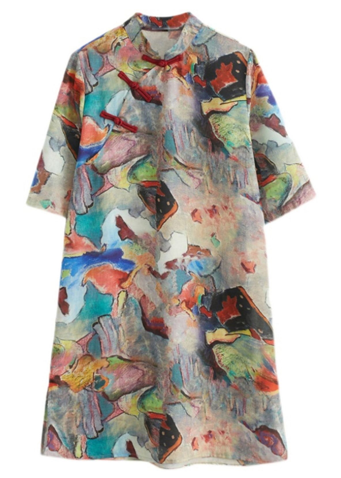 Loose Colorblock Stand Collar Button Print Cotton Dress Half Sleeve GH1027 Ada Fashion