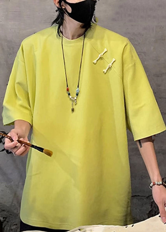 Cotton Button Green Fluorescent Shirts Loose Half Men T Solid FashionChic