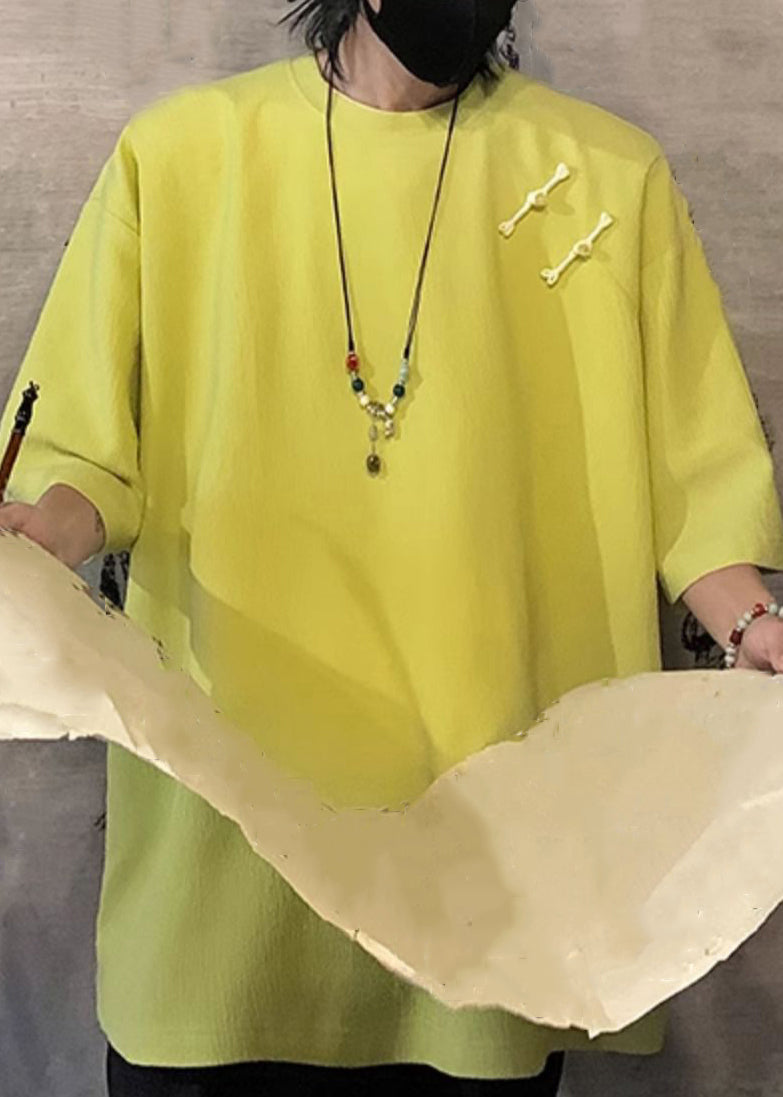 Cotton Button Green Fluorescent Shirts Loose Half Men T Solid FashionChic