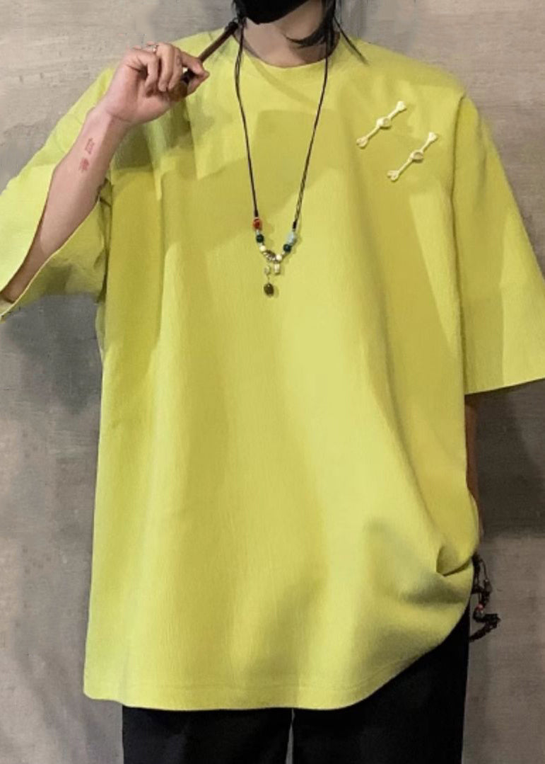 Cotton Button Green Fluorescent Shirts Loose Half Men T Solid FashionChic