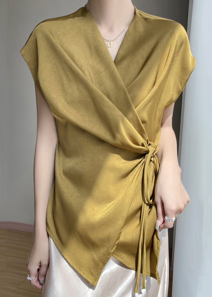 Loose Summer Lace V Up Silk Neck Gold Shirts FashionChic