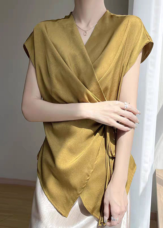 Loose Summer Lace V Up Silk Neck Gold Shirts FashionChic