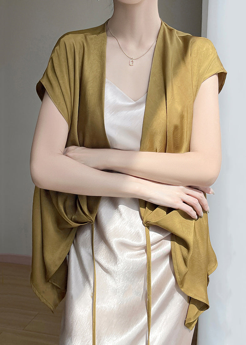 Loose Summer Lace V Up Silk Neck Gold Shirts FashionChic