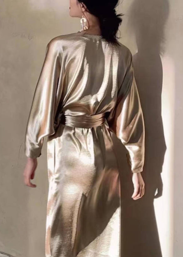 Silk V Neck Gold Waist Dresses Long Pockets Fall Loose Tie FashionChic