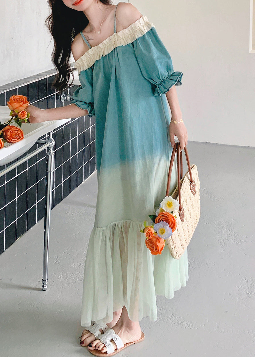 Loose Long Ruffled Gradient Patchwork Dresses Color Tulle FashionChic