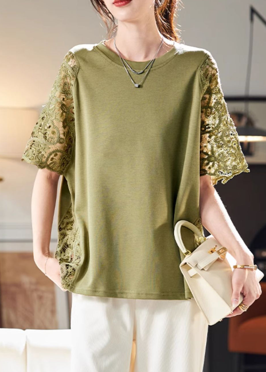Hollow Patchwork Out Shirts Lace Green Loose T Summer FashionChic