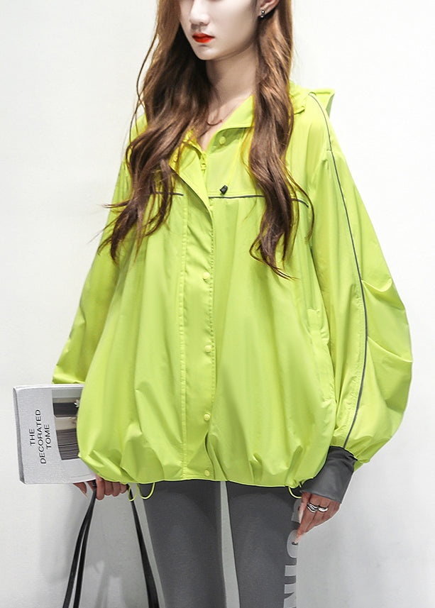 Drawstring Cotton Green Hooded Patchwork Loose Coat Summer FashionChic