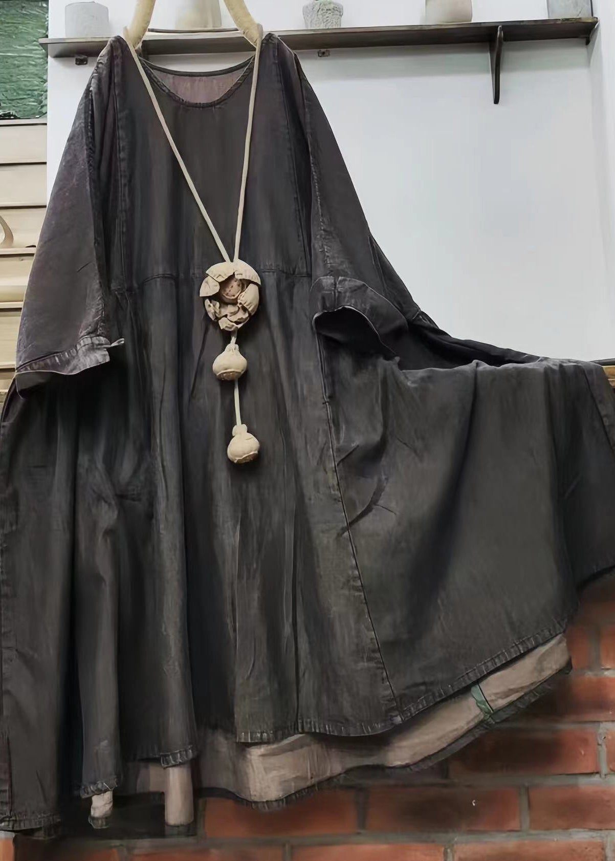 Loose Green O Neck Solid Cotton Mid Dress Long Sleeve MN081 MMDM-FDM240704
