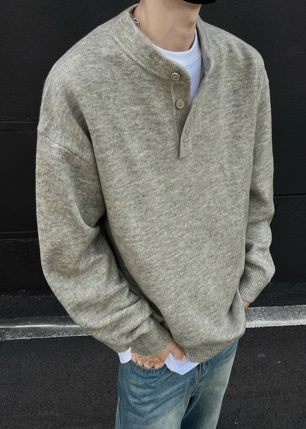 Loose Grey Button Solid Knit Men Sweaters Spring TK014