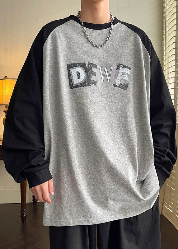 Shirt Spring Men Neck Loose T Cotton Patchwork Print Grey O FashionChic