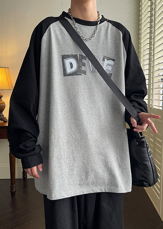 Shirt Spring Men Neck Loose T Cotton Patchwork Print Grey O FashionChic