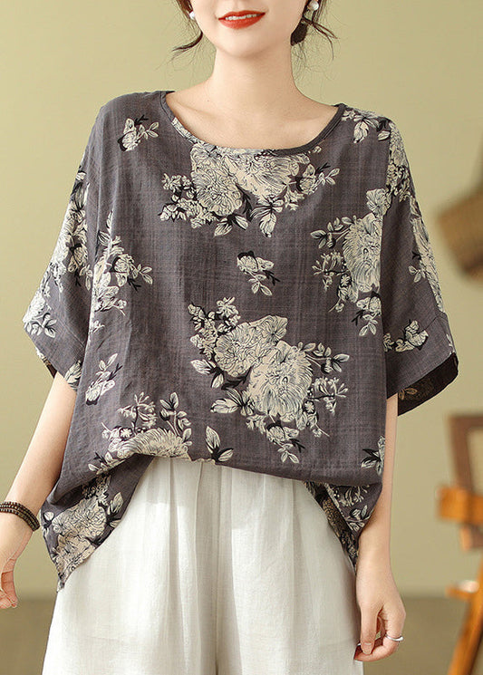 Short Loose T Shirt Print O-Neck Sleeve Grey FashionChic