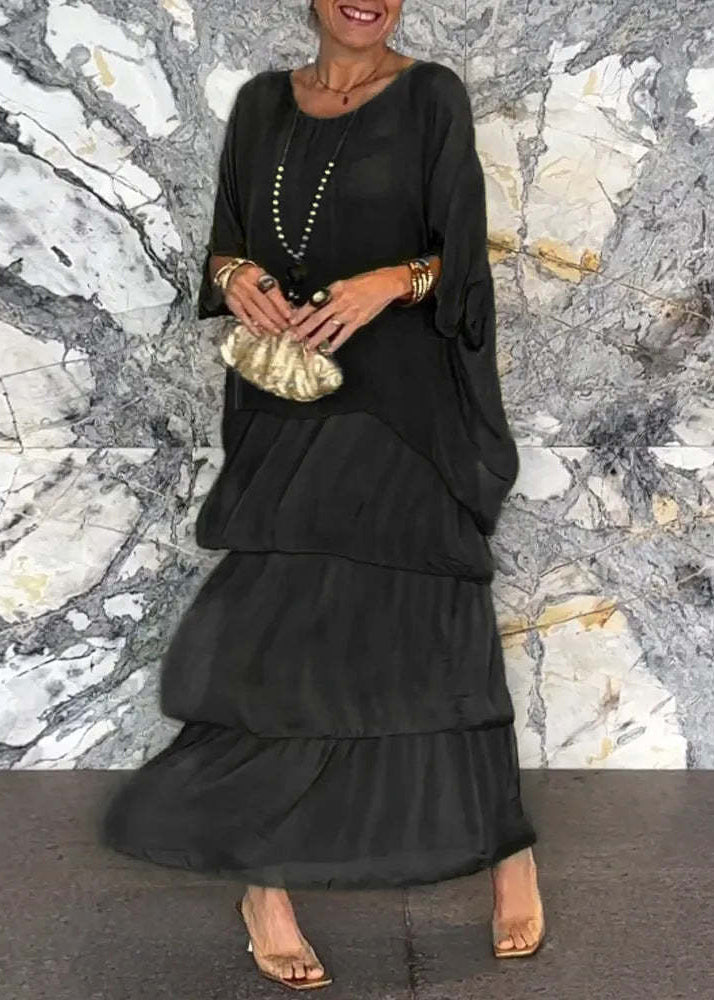 Loose Grey O Neck Solid Chiffon Long Dress Half Sleeve BB039 Hawaii-SDL240622