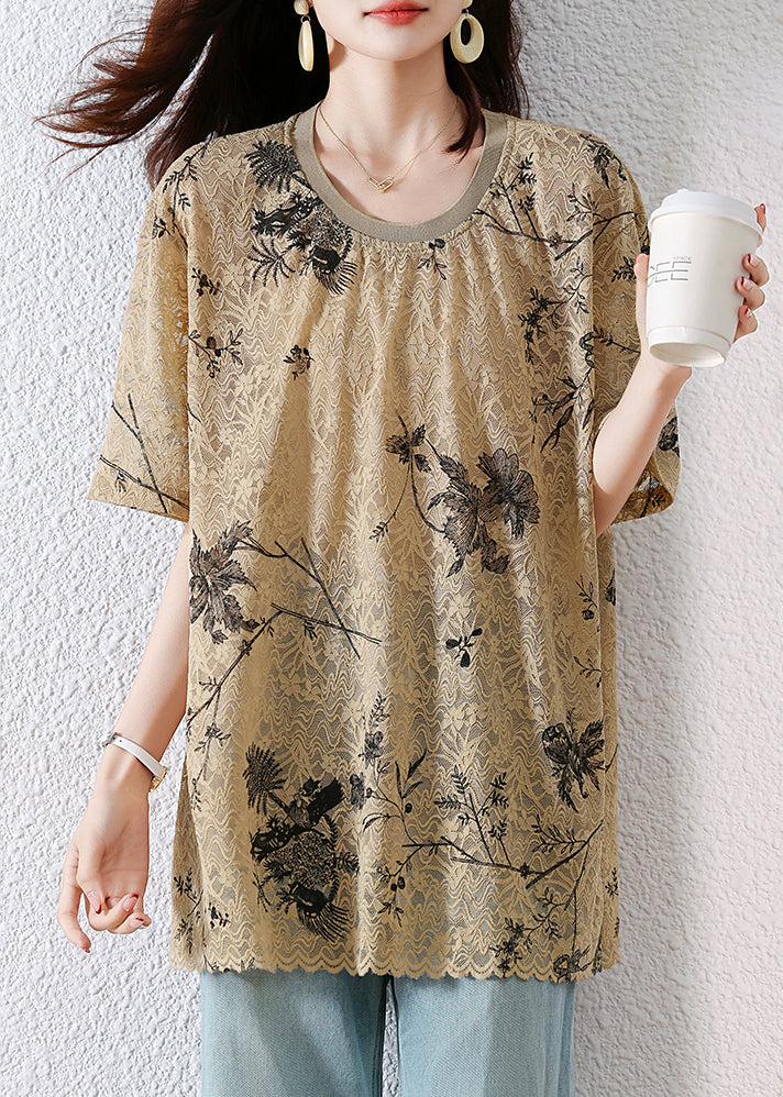 Print Neck Khaki Loose Summer O T Lace Shirt FashionChic