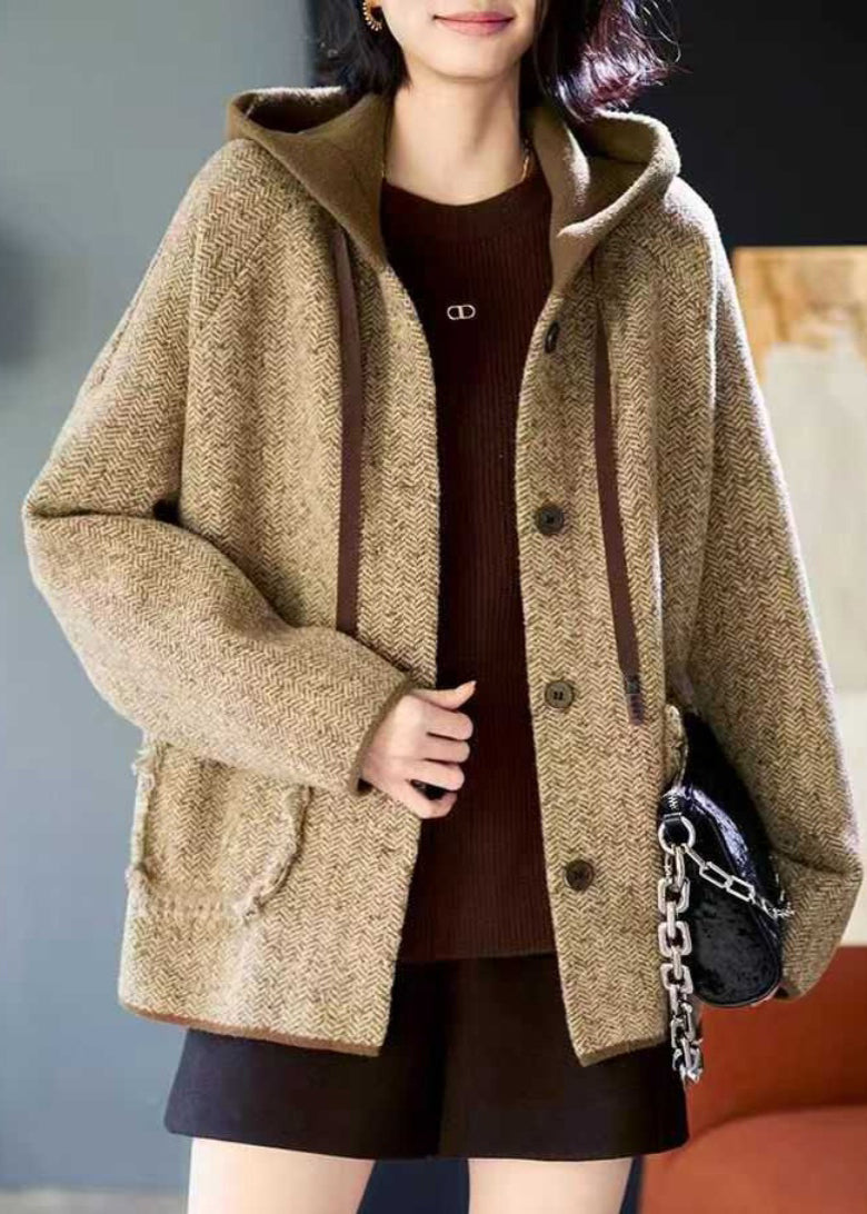 Woolen Patchwork Pockets Hooded Coats Spring Button Loose Khaki FashionChic