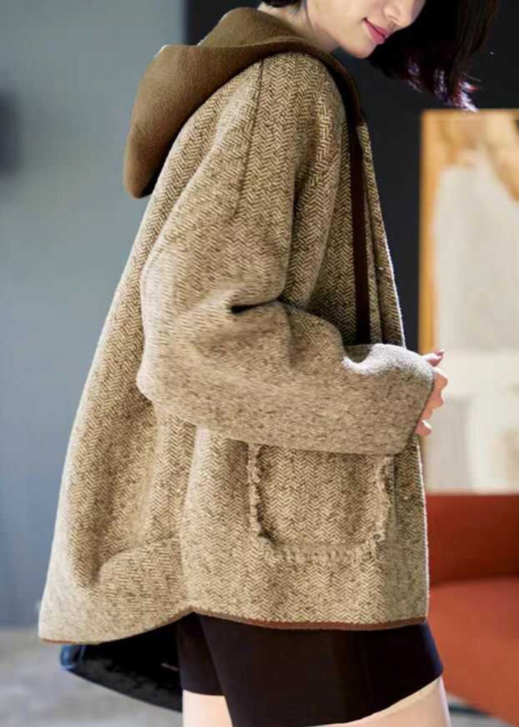 Woolen Patchwork Pockets Hooded Coats Spring Button Loose Khaki FashionChic