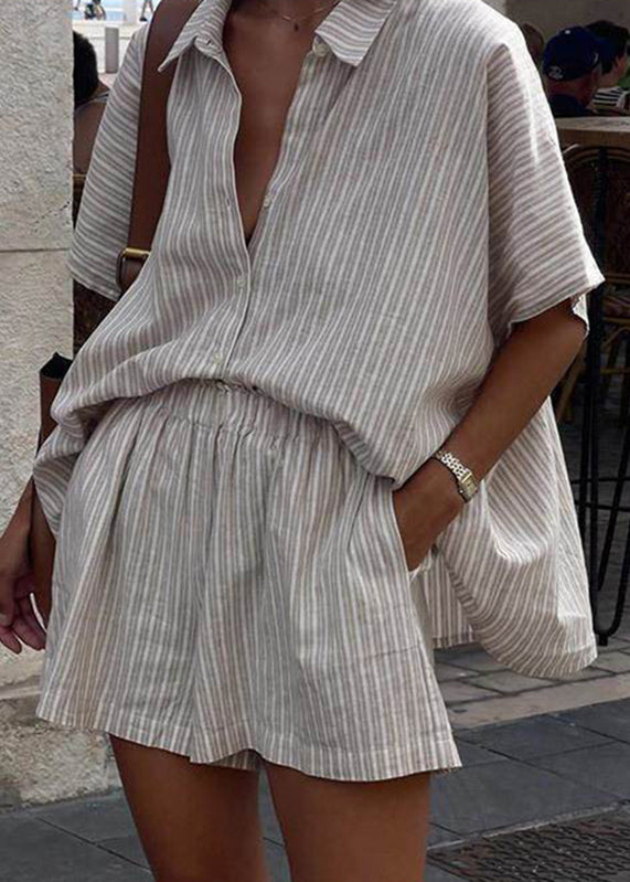 Pieces Khaki Pan Two Striped Loose Shirts And Shorts Collar Peter FashionChic