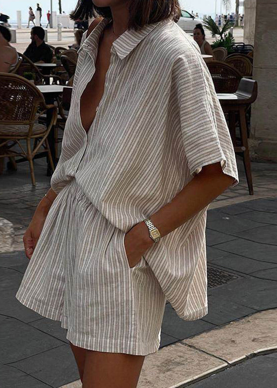 Pieces Khaki Pan Two Striped Loose Shirts And Shorts Collar Peter FashionChic