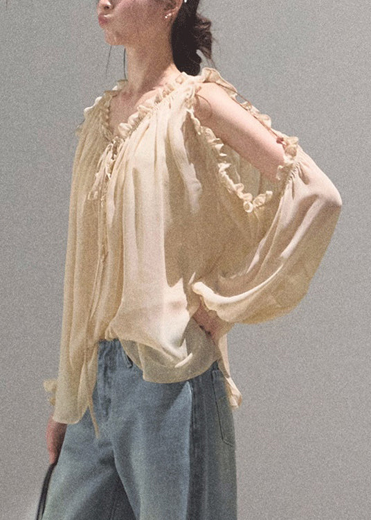 Khaki Loose Up Ruffled Chiffon Lace Shirts Fall FashionChic