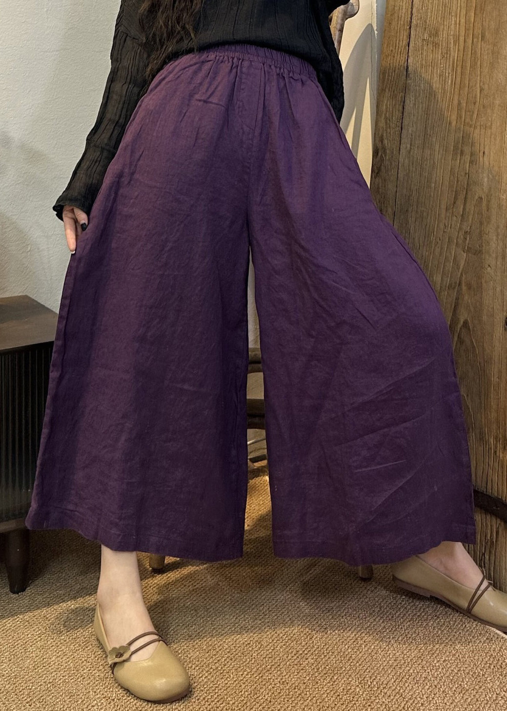 Loose Khaki Solid Elastic Waist Linen Wide Leg Pants Summer VV079 HS-CPTS240627