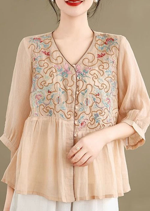 Linen Shirt Loose Khaki V Neck Fall Embroidered FashionChic