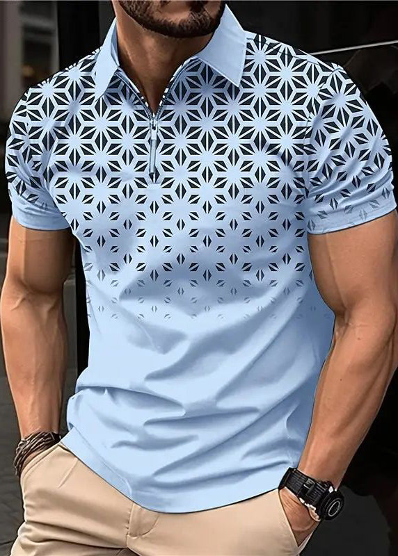 Cotton Up Zip Polo Print Shirts Loose Mens Khaki Summer FashionChic
