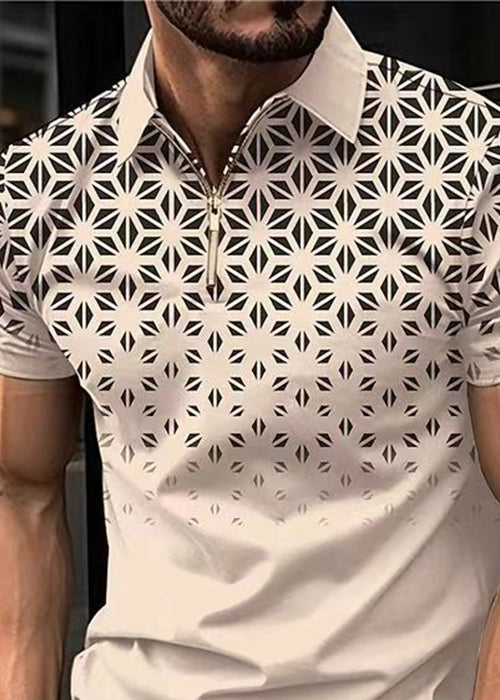Cotton Up Zip Polo Print Shirts Loose Mens Khaki Summer FashionChic