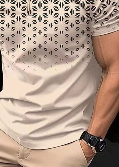 Cotton Up Zip Polo Print Shirts Loose Mens Khaki Summer FashionChic