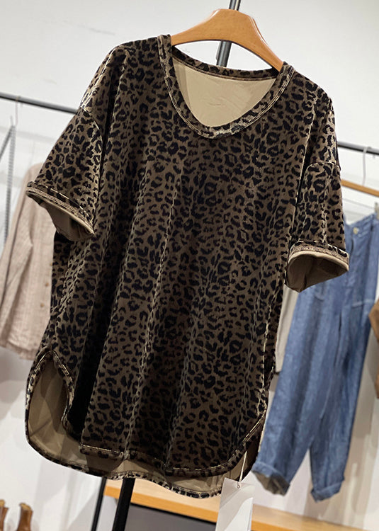 Open Neck Leopard Loose Shirt Velour Side O Silk Summer T FashionChic