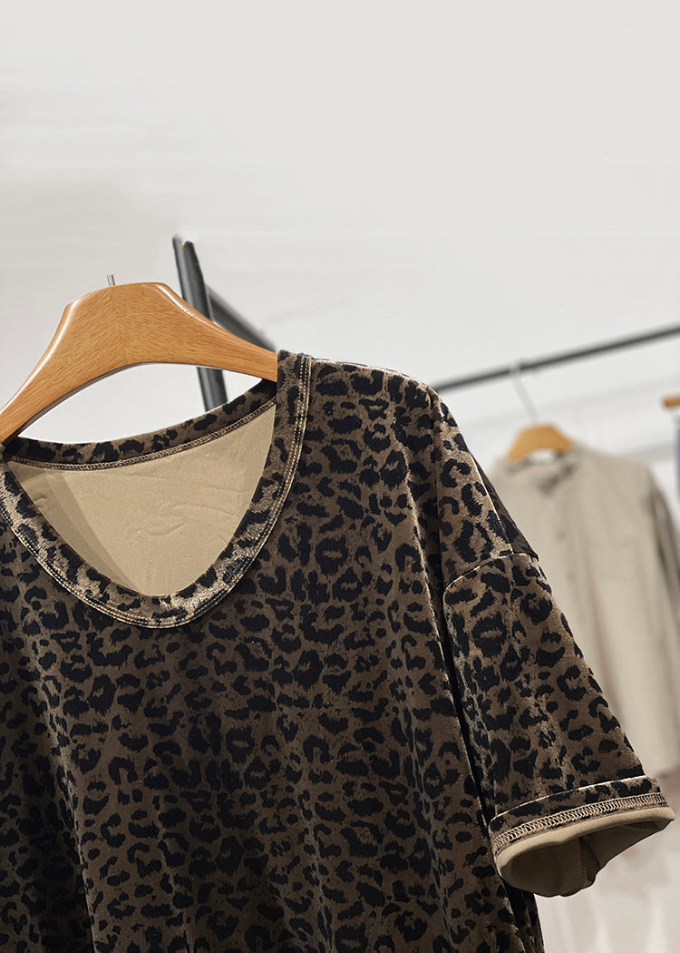 Open Neck Leopard Loose Shirt Velour Side O Silk Summer T FashionChic
