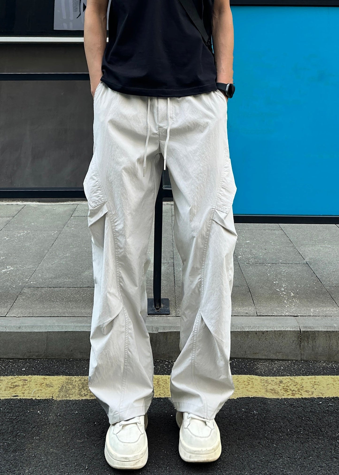 Elastic Men Cotton Light Grey Pockets Waist Loose Pants Summer FashionChic