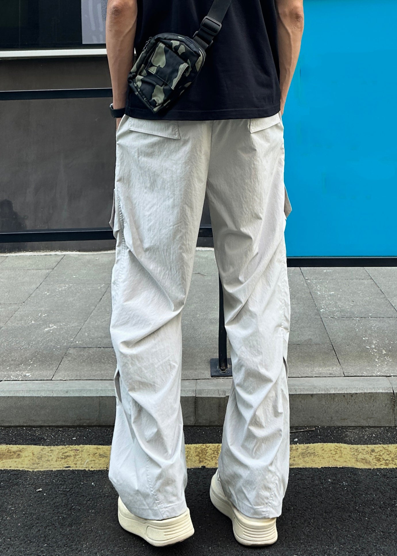Elastic Men Cotton Light Grey Pockets Waist Loose Pants Summer FashionChic