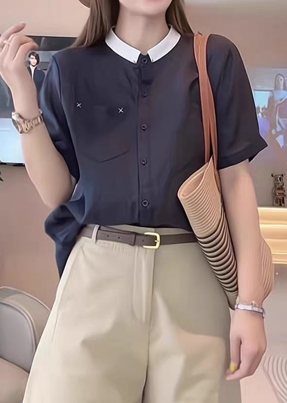 Summer Cotton Shirts Navy Pockets Loose Button FashionChic