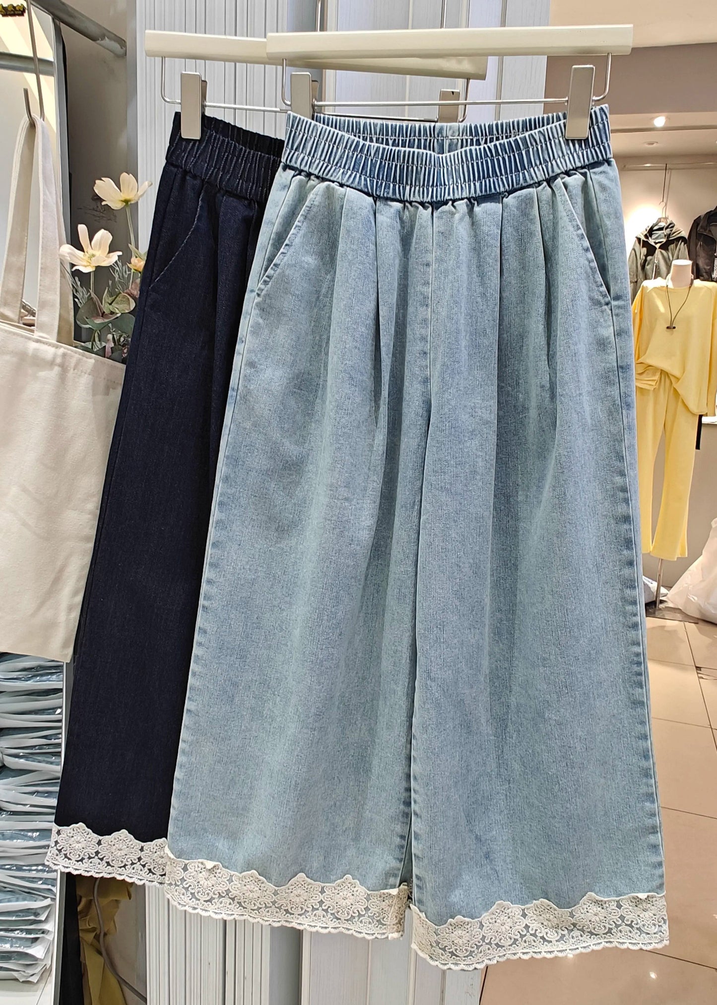 Patchwork Lace Loose Crop Summer Denim Navy Pockets Pants FashionChic