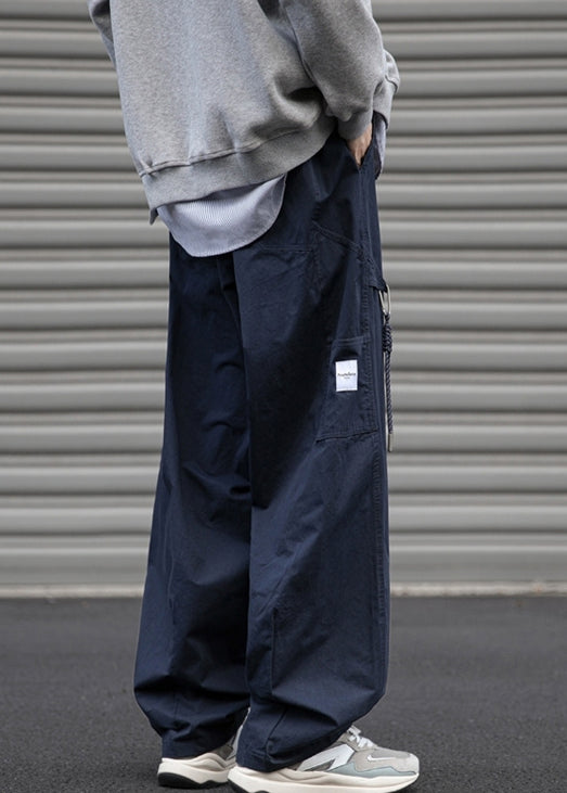 Drawstring Navy Pants Pockets Solid Mens Cotton Spring Loose FashionChic