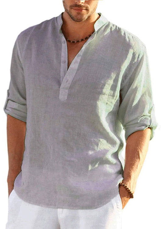 Cotton Navy Fall Loose Collar Shirts Button Solid Stand Mens FashionChic