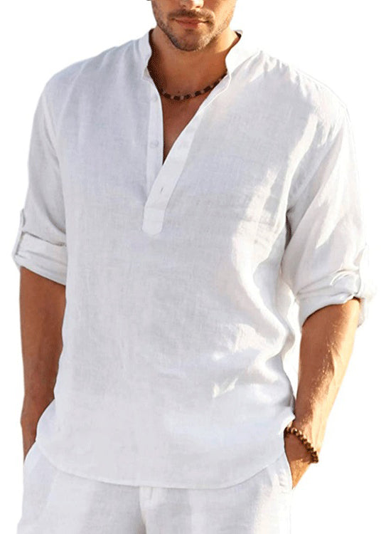 Cotton Navy Fall Loose Collar Shirts Button Solid Stand Mens FashionChic