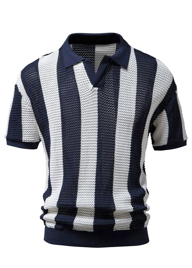 Striped Shirt Polo Knit And Loose Men Hollow Navy Out FashionChic