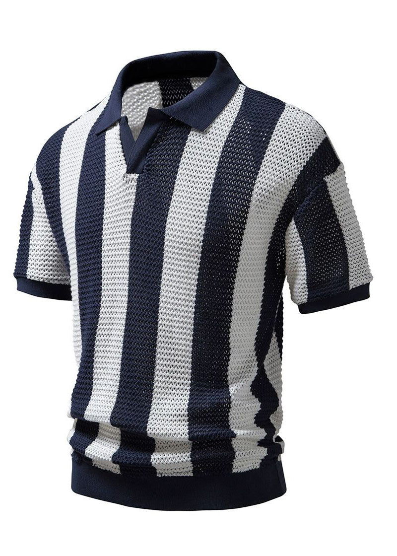 Striped Shirt Polo Knit And Loose Men Hollow Navy Out FashionChic