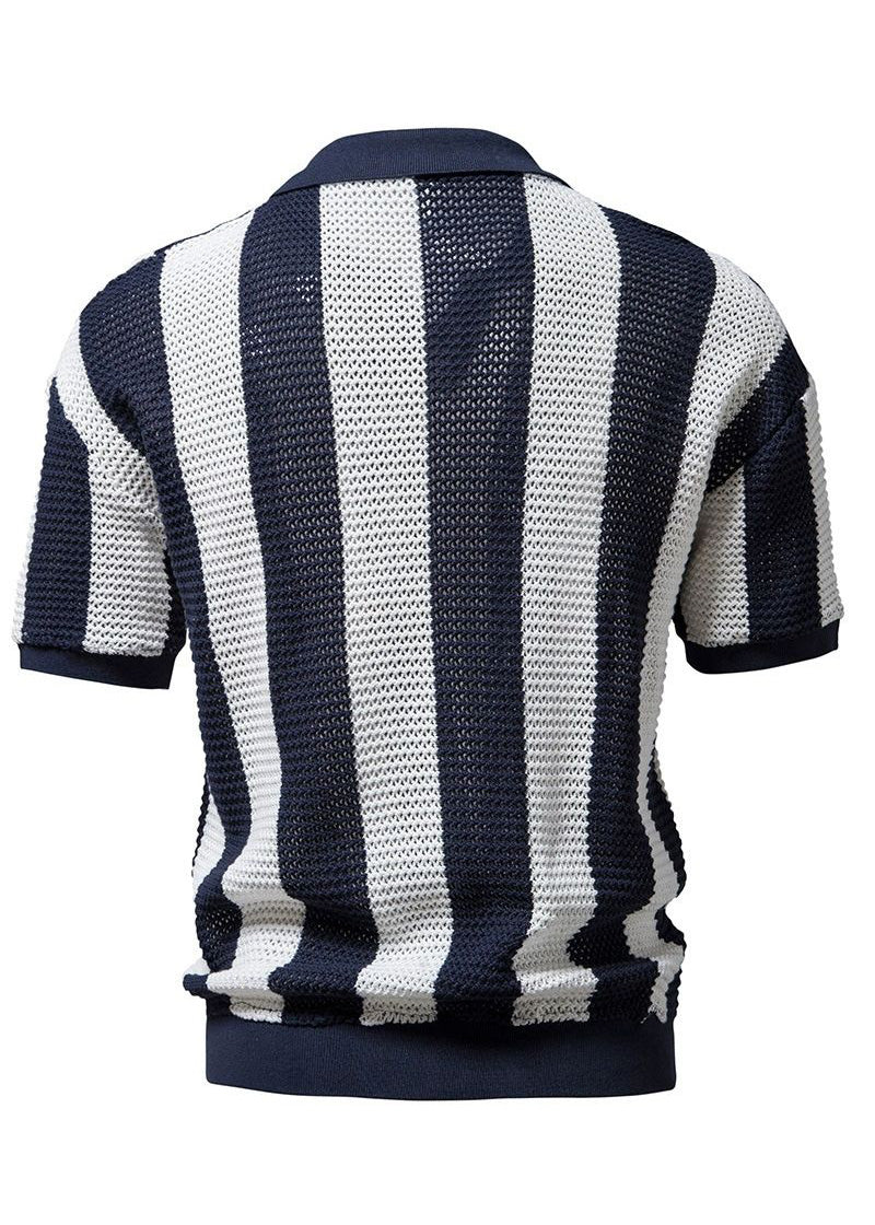 Striped Shirt Polo Knit And Loose Men Hollow Navy Out FashionChic