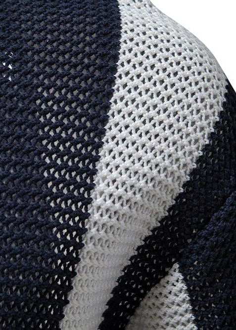 Striped Shirt Polo Knit And Loose Men Hollow Navy Out FashionChic