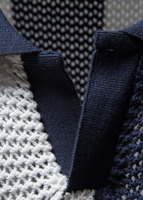 Striped Shirt Polo Knit And Loose Men Hollow Navy Out FashionChic