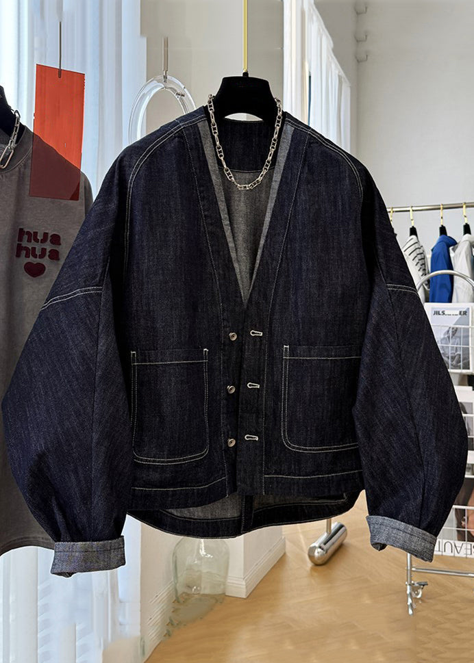 Coats Sleeve Batwing Denim Navy V Pockets Button Neck Loose FashionChic