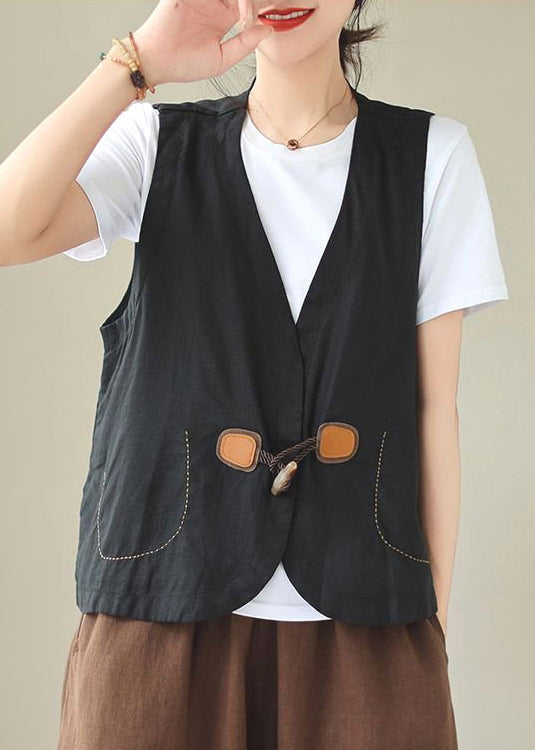Neck Sleeveless Waistcoat Loose Linen V Button Orange FashionChic