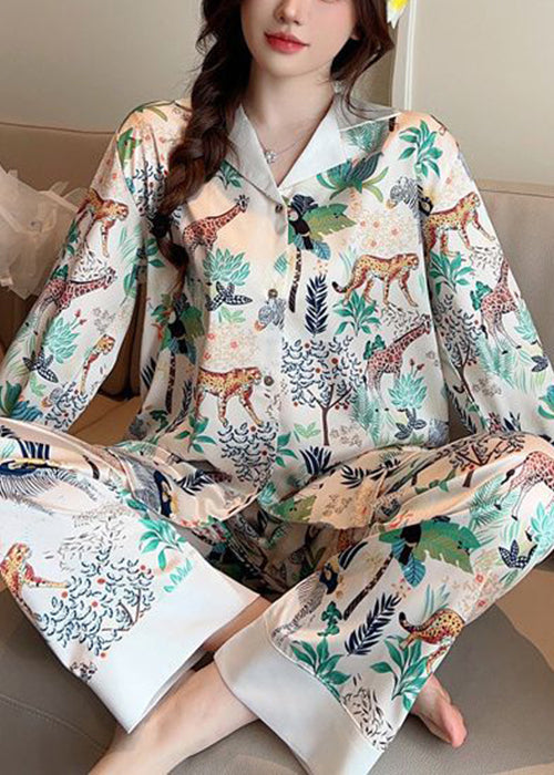 Loose Photo Color Peter Pan Collar Print Ice Silk PajamasTwo Pieces Set Spring YK006 ABC
