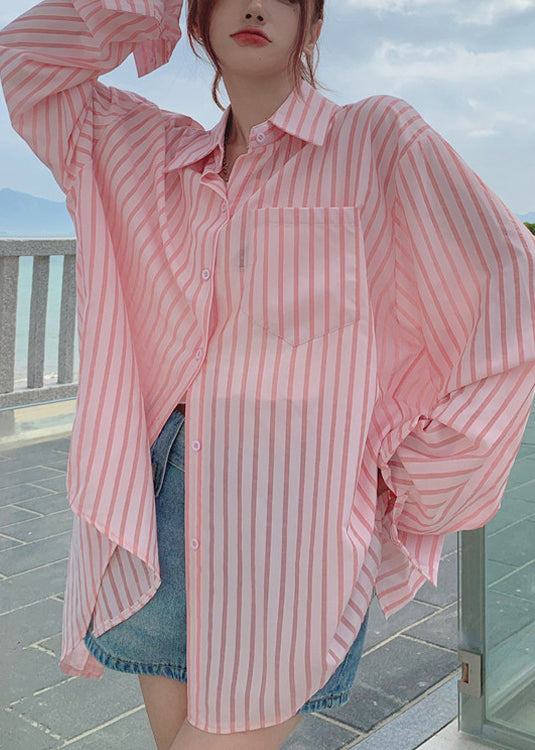 Loose Pink Button Pockets Cotton Blouses Long Sleeve RE013 MZF-LTP240807