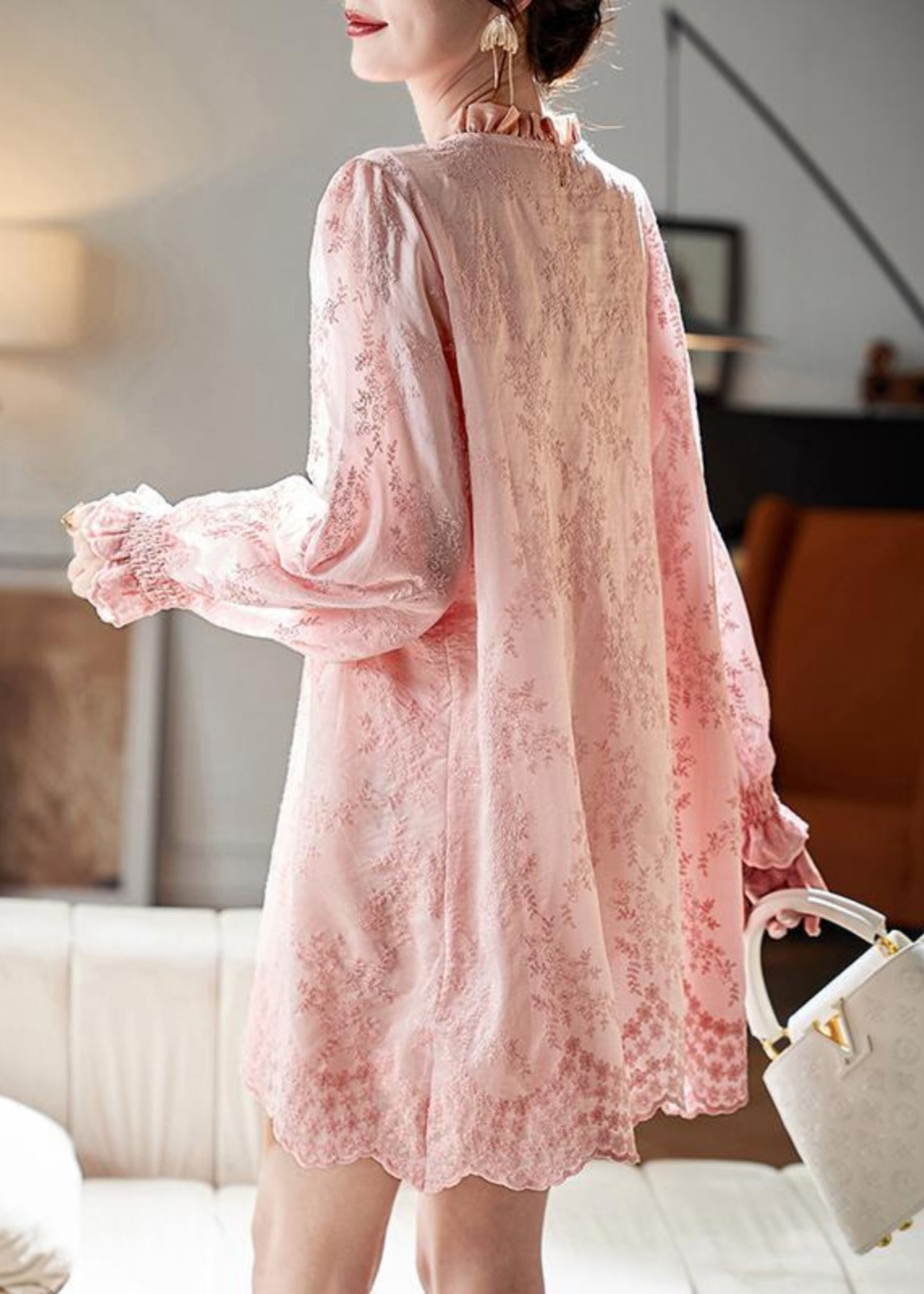 Loose Pink Embroidered Ruffled Button Cotton Shirts Dress Butterfly Sleeve RZ039 ABC