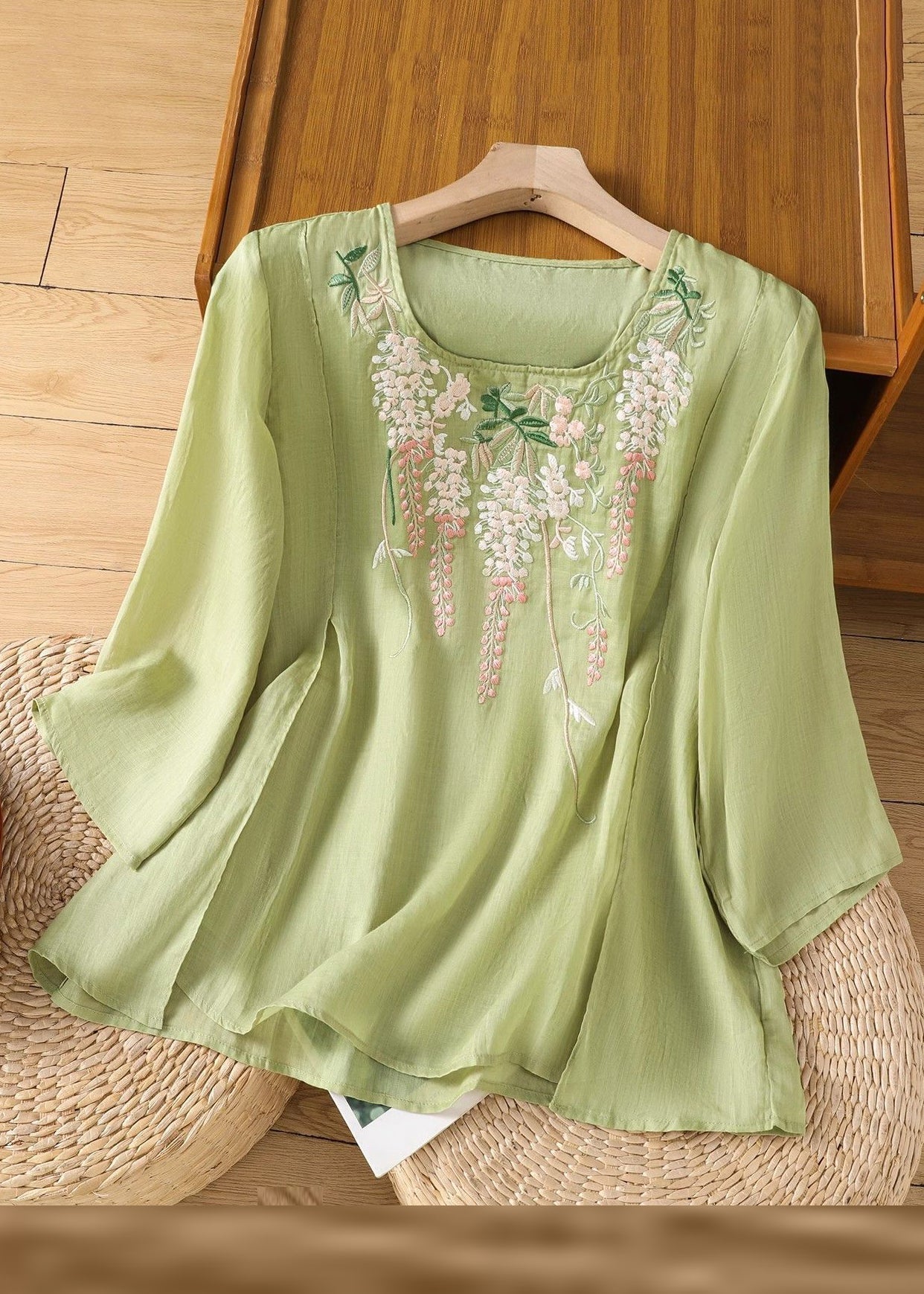 Embroidered Linen Loose Solid Bracelet Pink Sleeve Shirt T FashionChic
